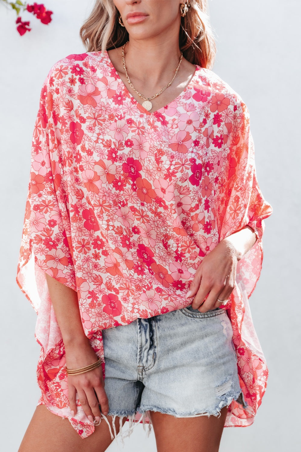 Floral V-Neck Butterfly Sleeve Blouse