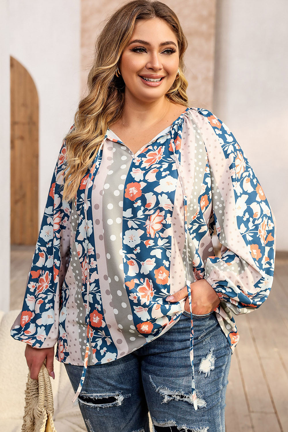 Plus Floral Tie Neck Blouse