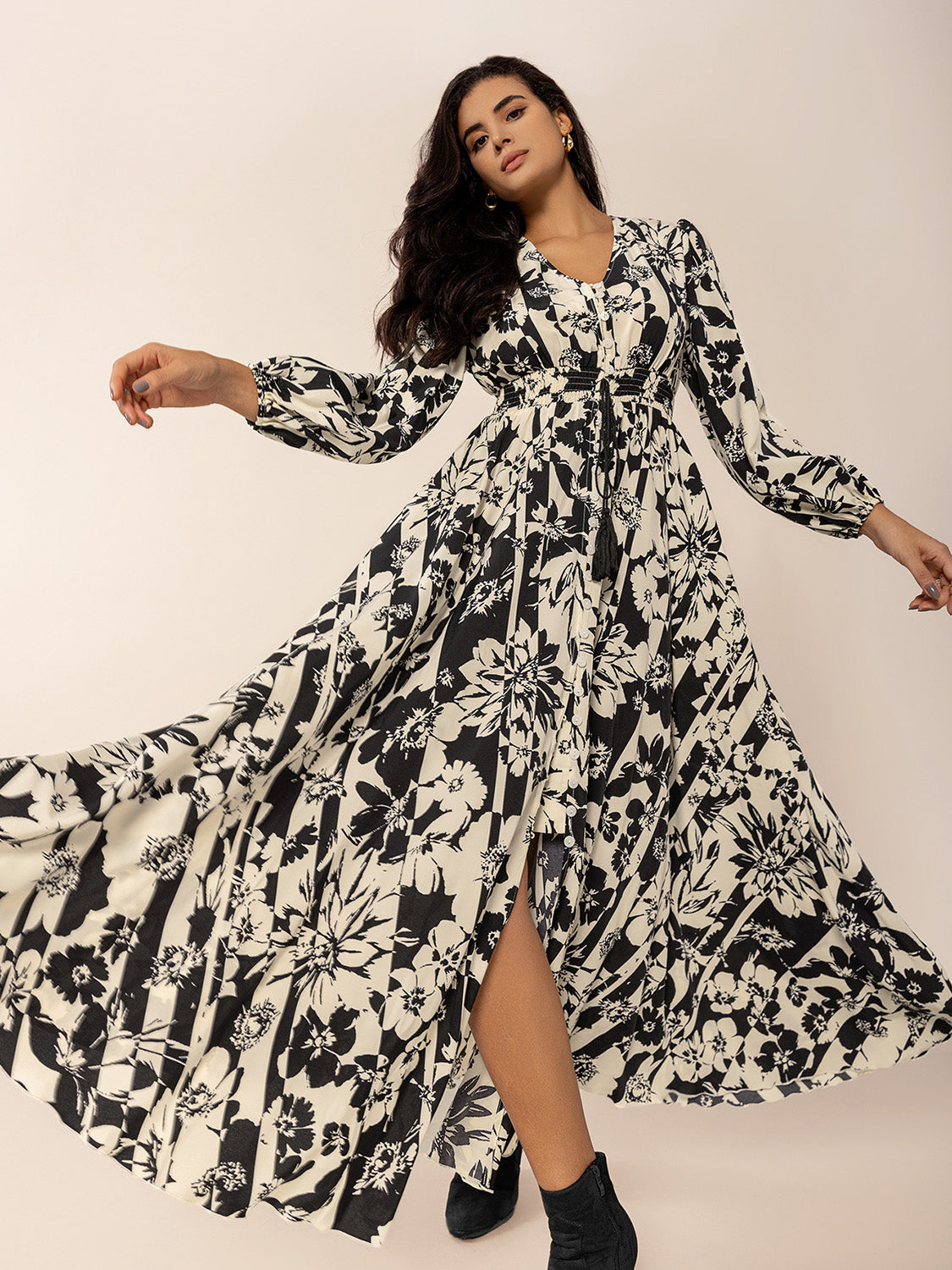 Tied Printed V-Neck Long Sleeve Midi Dress