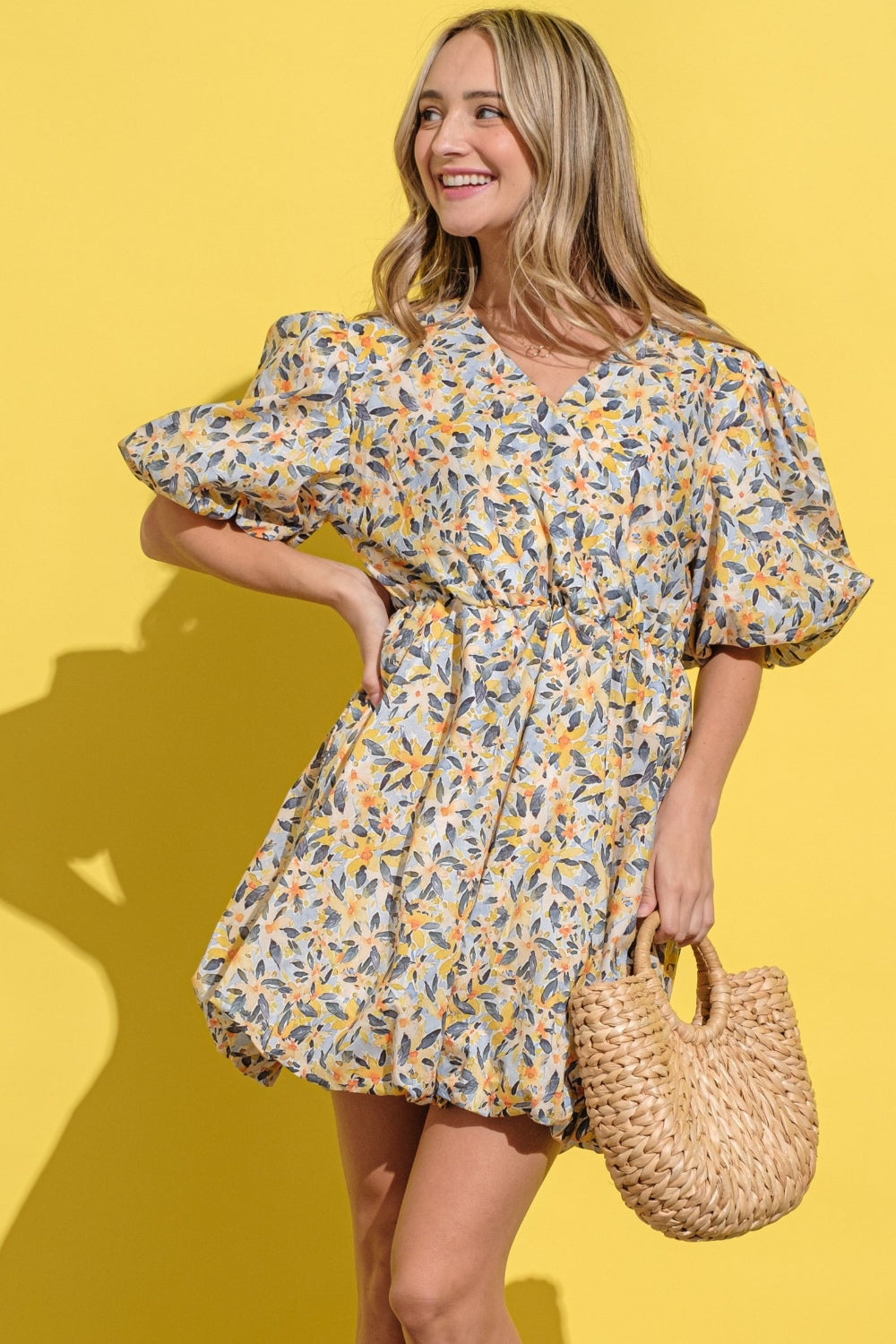 And The Why Floral Surplice Puff Sleeve Dress, Yellow