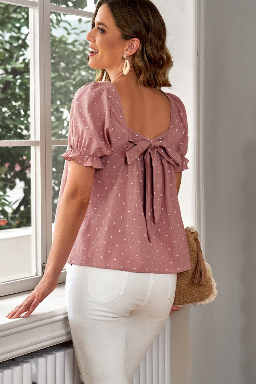 Polka Dot Flounce Sleeve Top