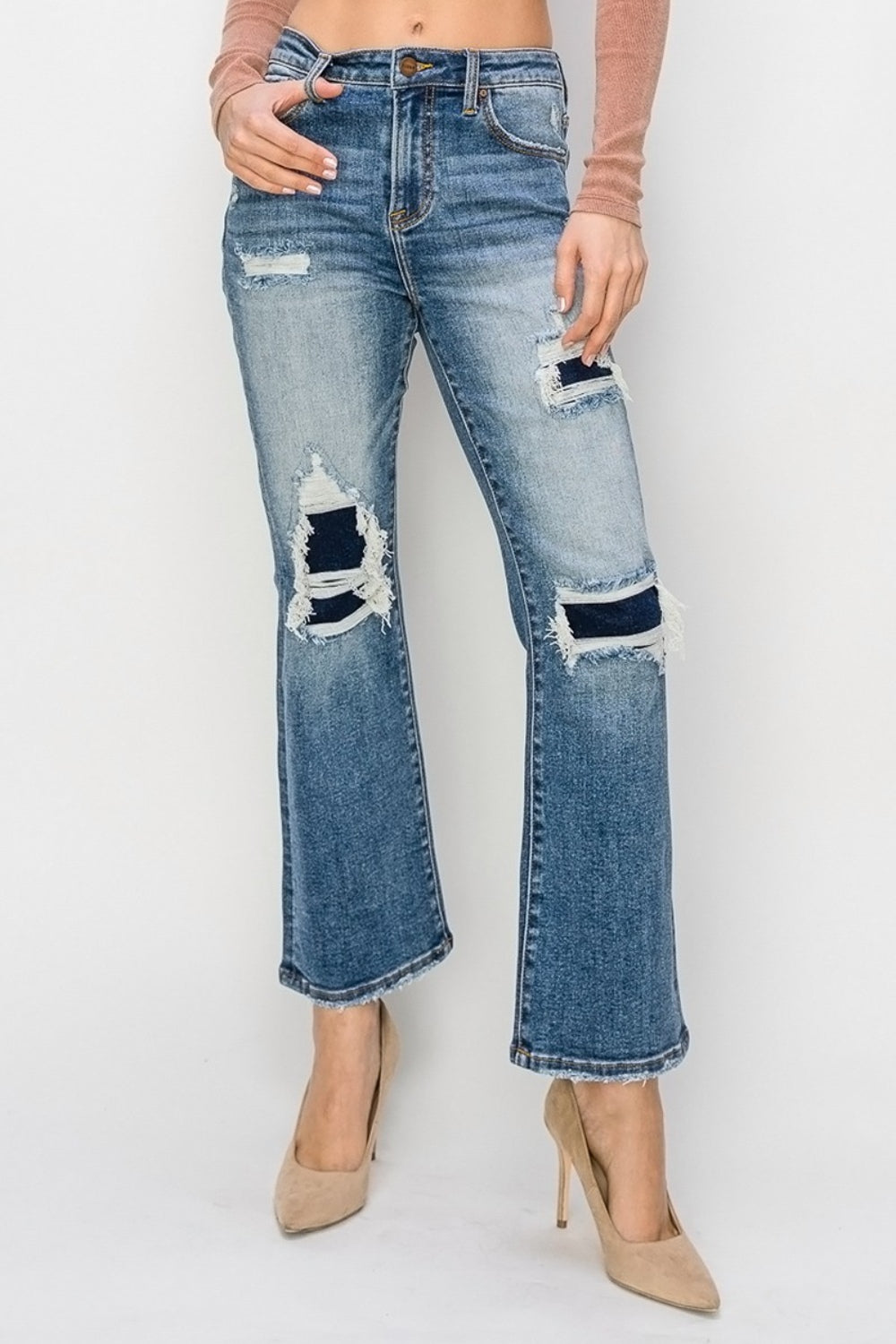 *Risen* High Rise Distressed Ankle Flare Jeans