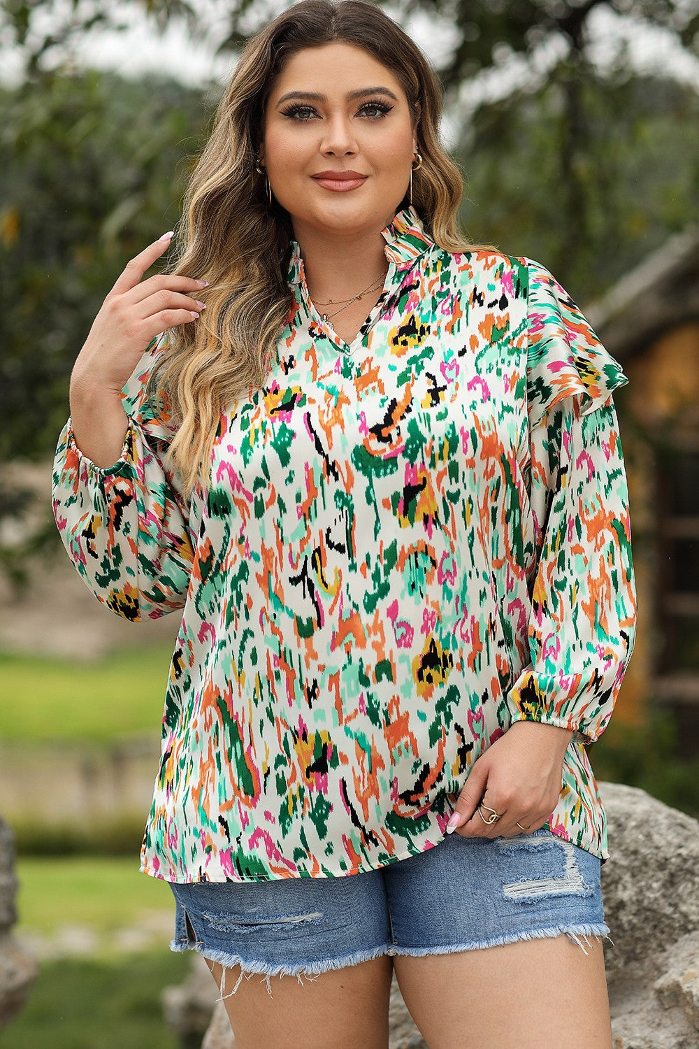 Plus Printed Ruffle Trim Long Sleeve Blouse