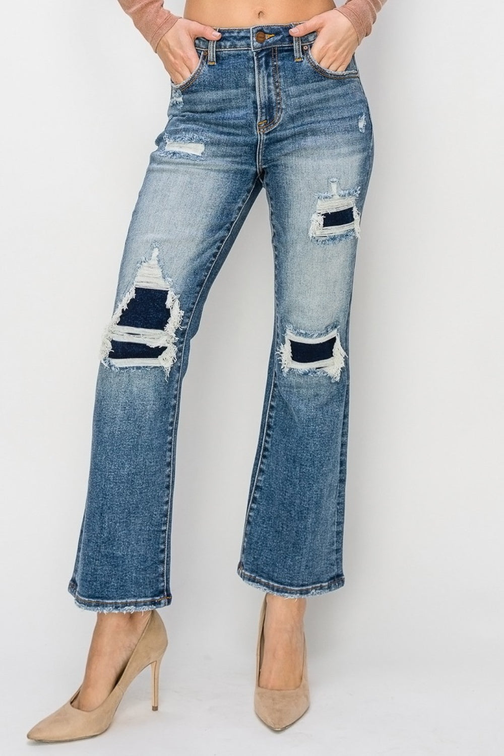 *Risen* High Rise Distressed Ankle Flare Jeans