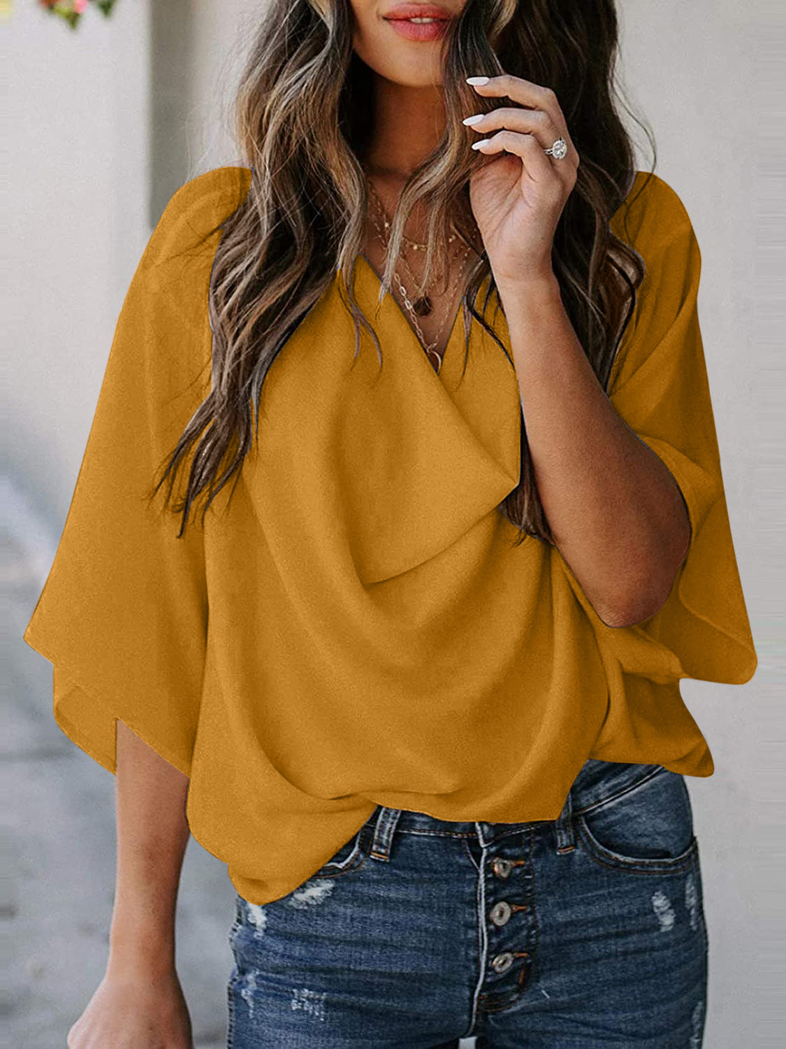 Cowl Neck Three-Quarter Sleeve Blouse