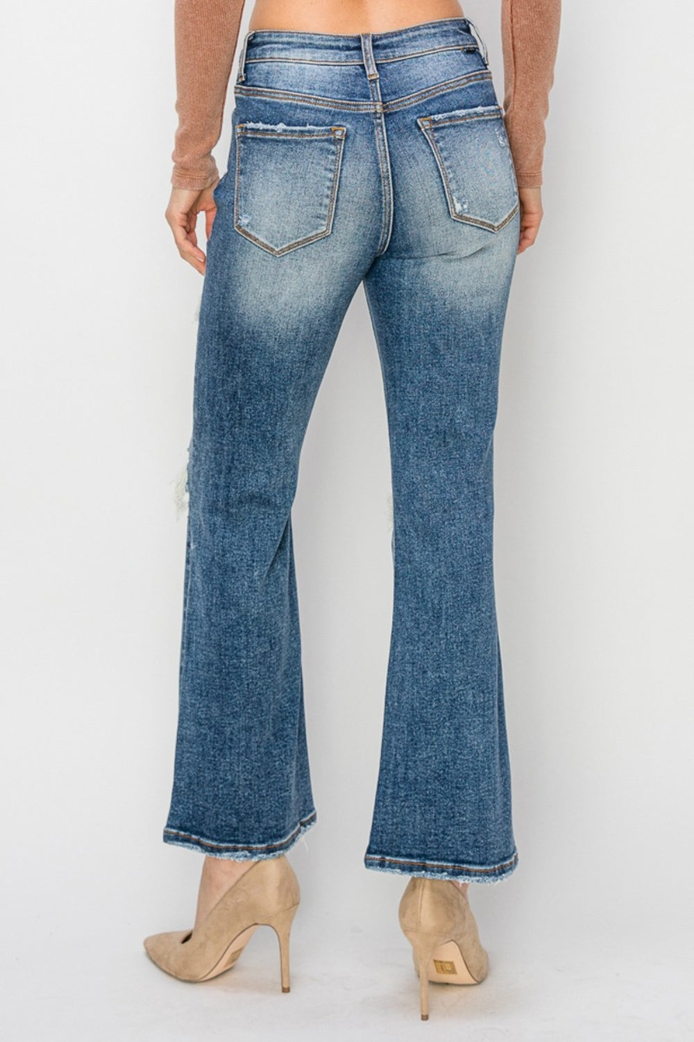 *Risen* High Rise Distressed Ankle Flare Jeans