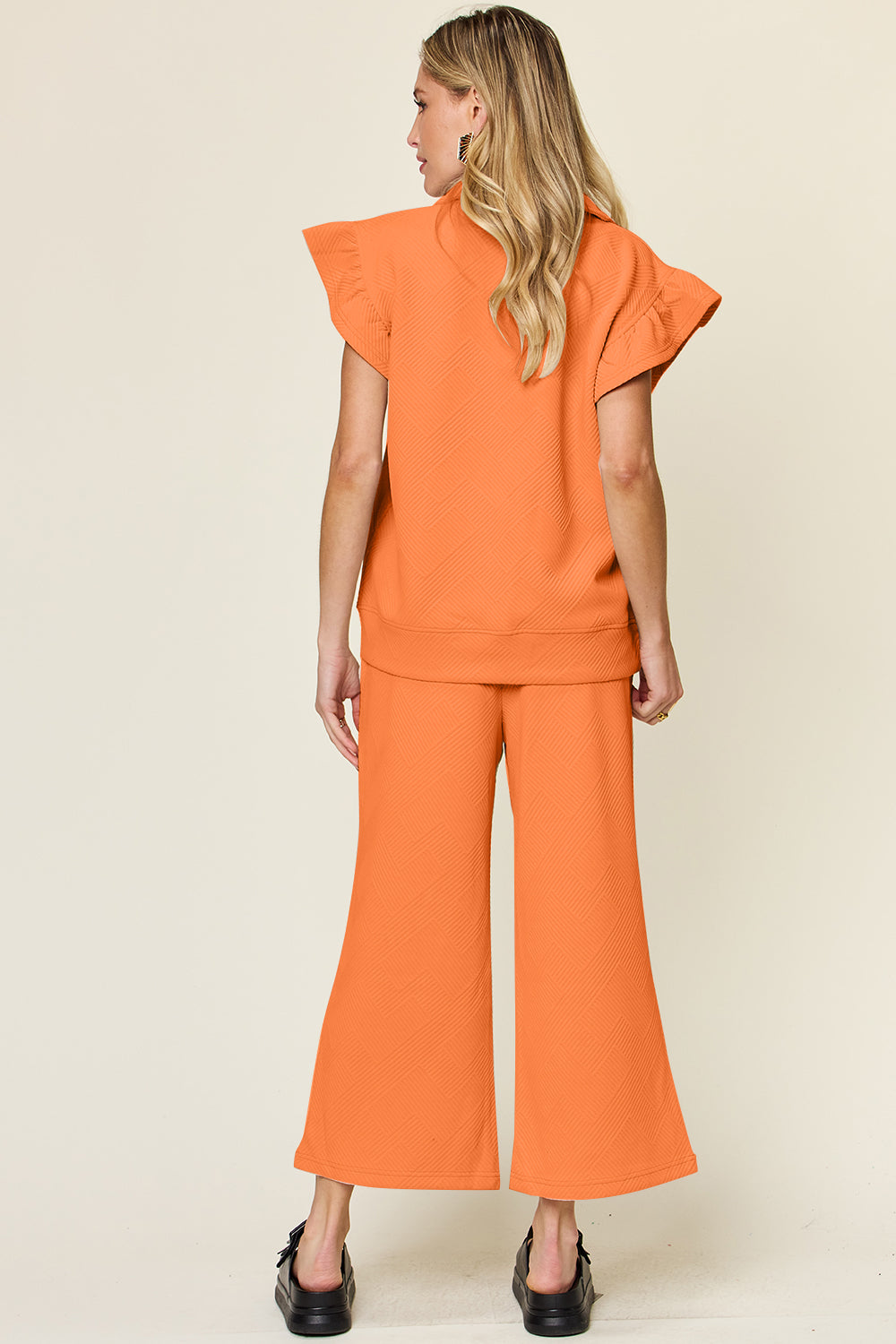 *Double Take* Texture Ruffle Short Sleeve Top and Drawstring Wide Leg Pants Set