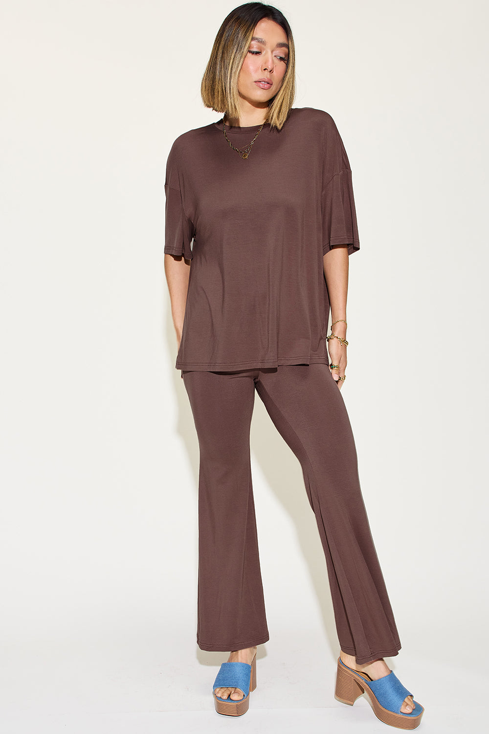 *Basic Bae* Bamboo Drop Shoulder T-Shirt and Flare Pants Set