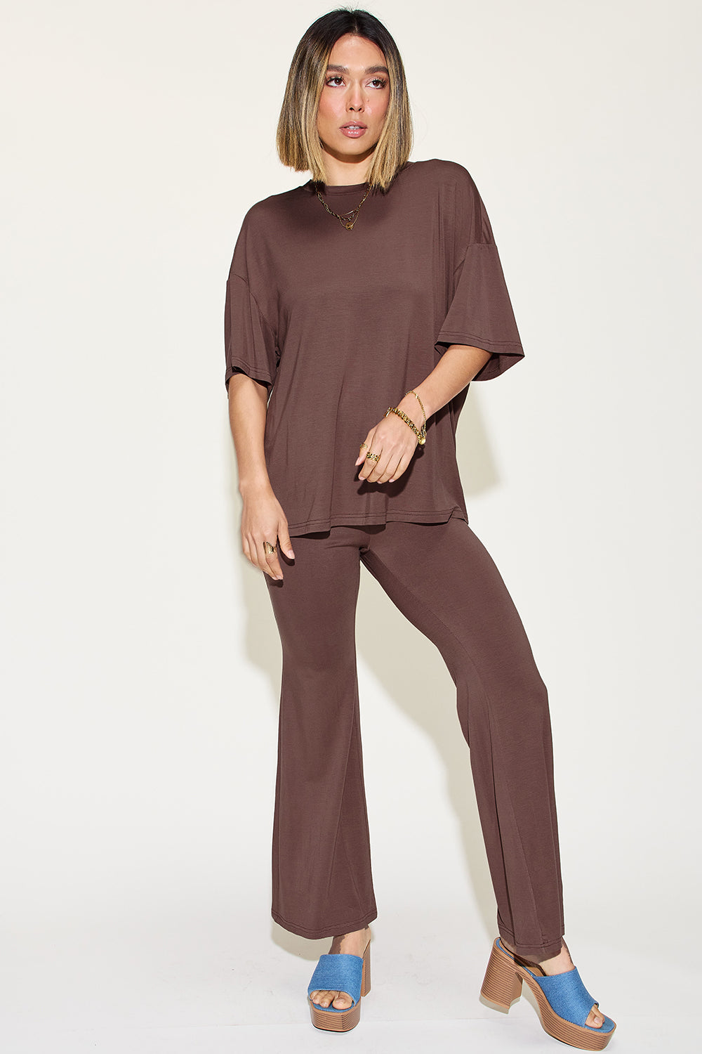 *Basic Bae* Bamboo Drop Shoulder T-Shirt and Flare Pants Set