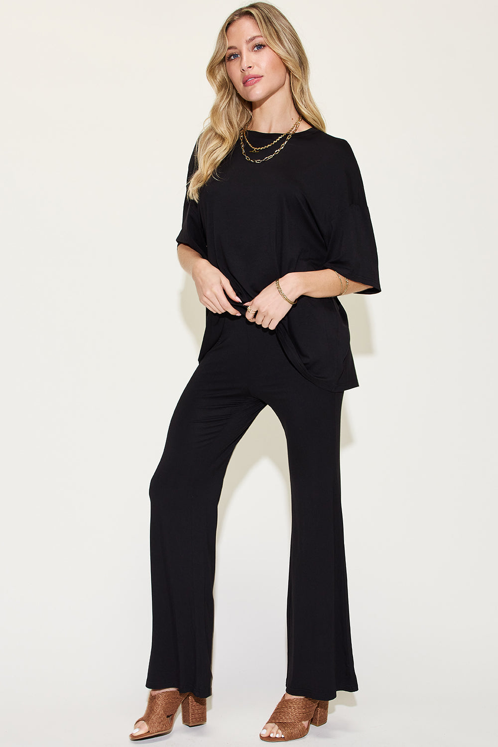 *Basic Bae* Bamboo Drop Shoulder T-Shirt and Flare Pants Set