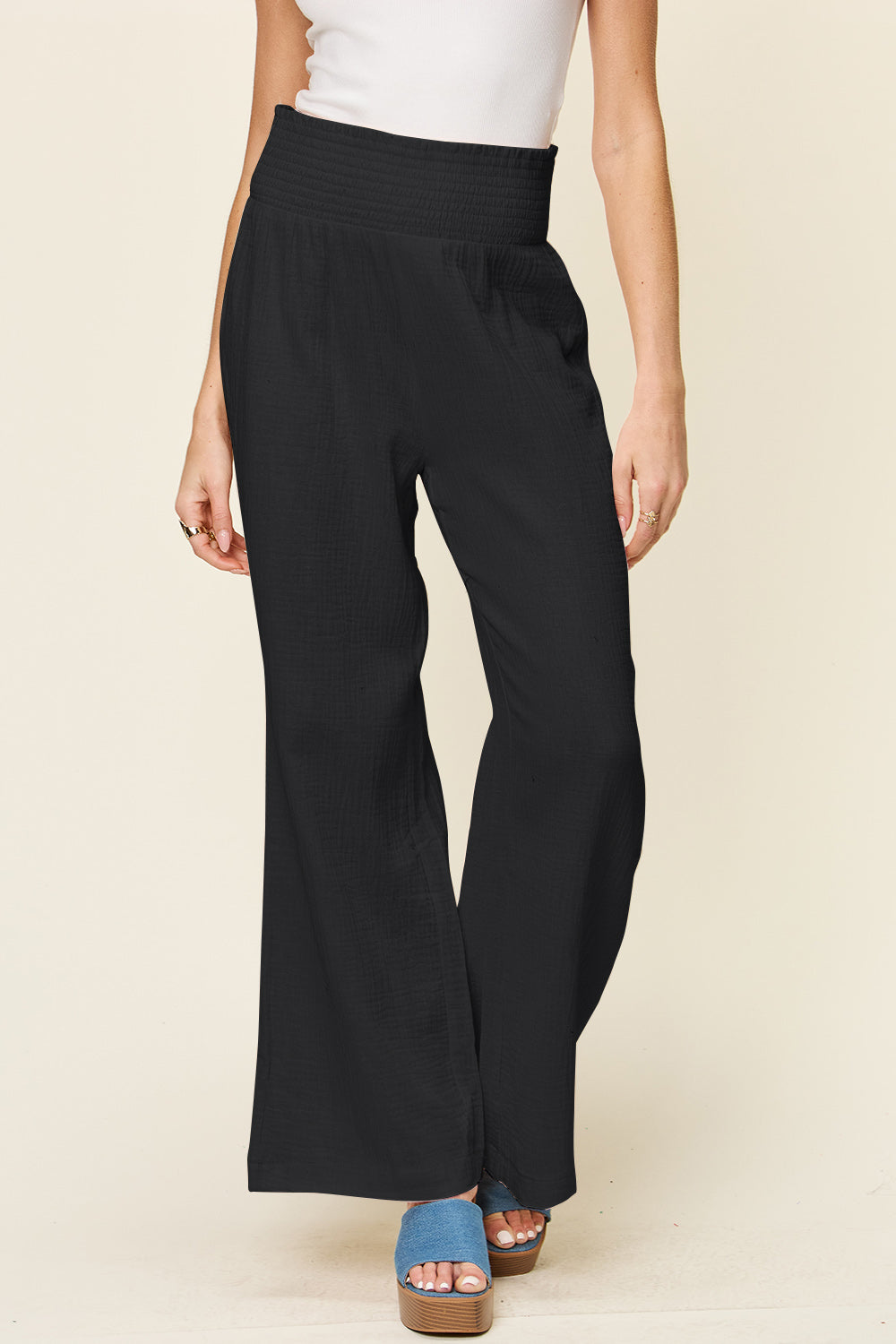 *Double Take* Texture Smocked Waist Wide Leg Pants