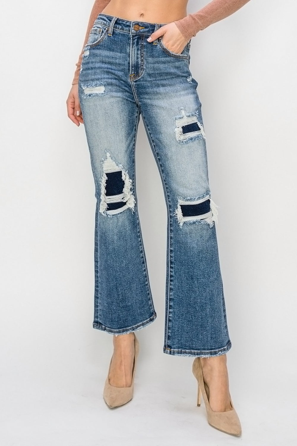 *Risen* High Rise Distressed Ankle Flare Jeans