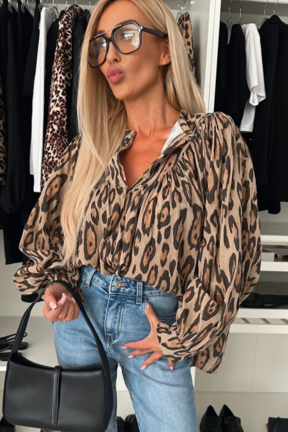 Leopard Notched Long Sleeve Blouse