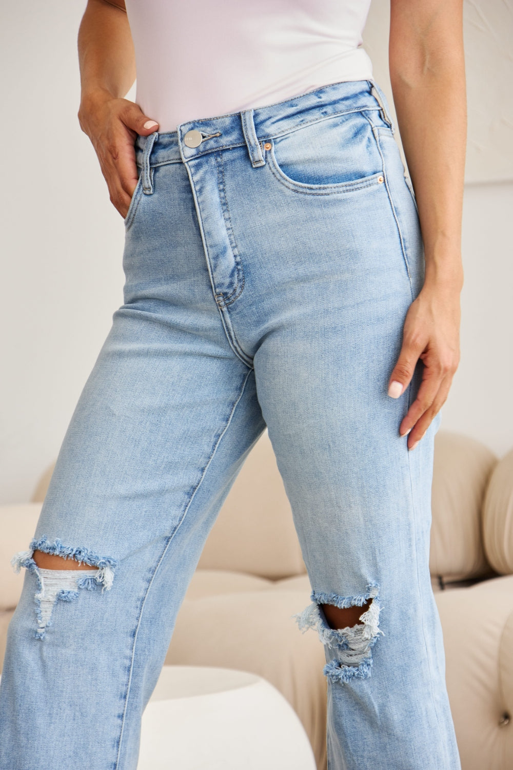 *RFM* Tummy Control High Waist Raw Hem Distressed Jeans