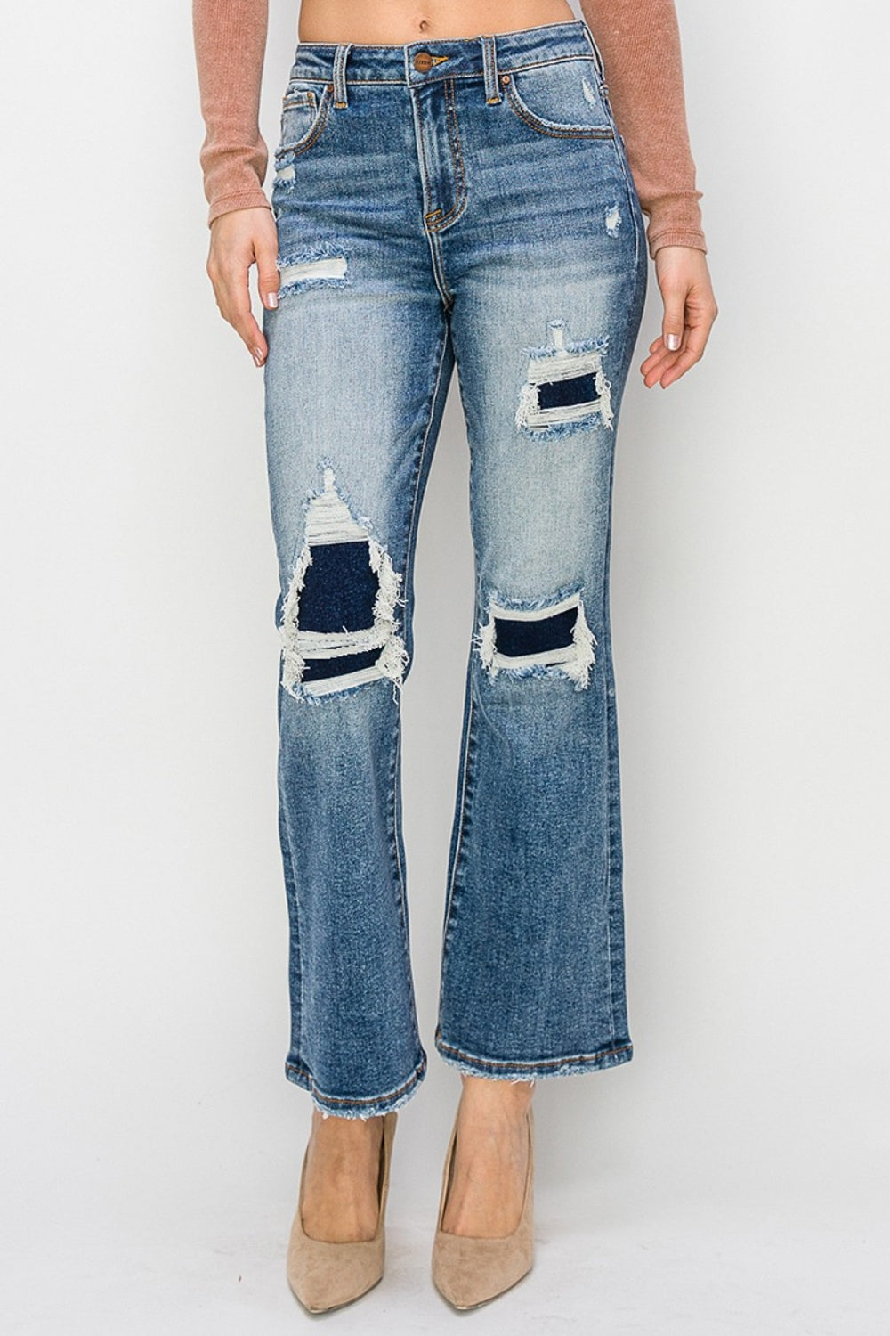 *Risen* High Rise Distressed Ankle Flare Jeans