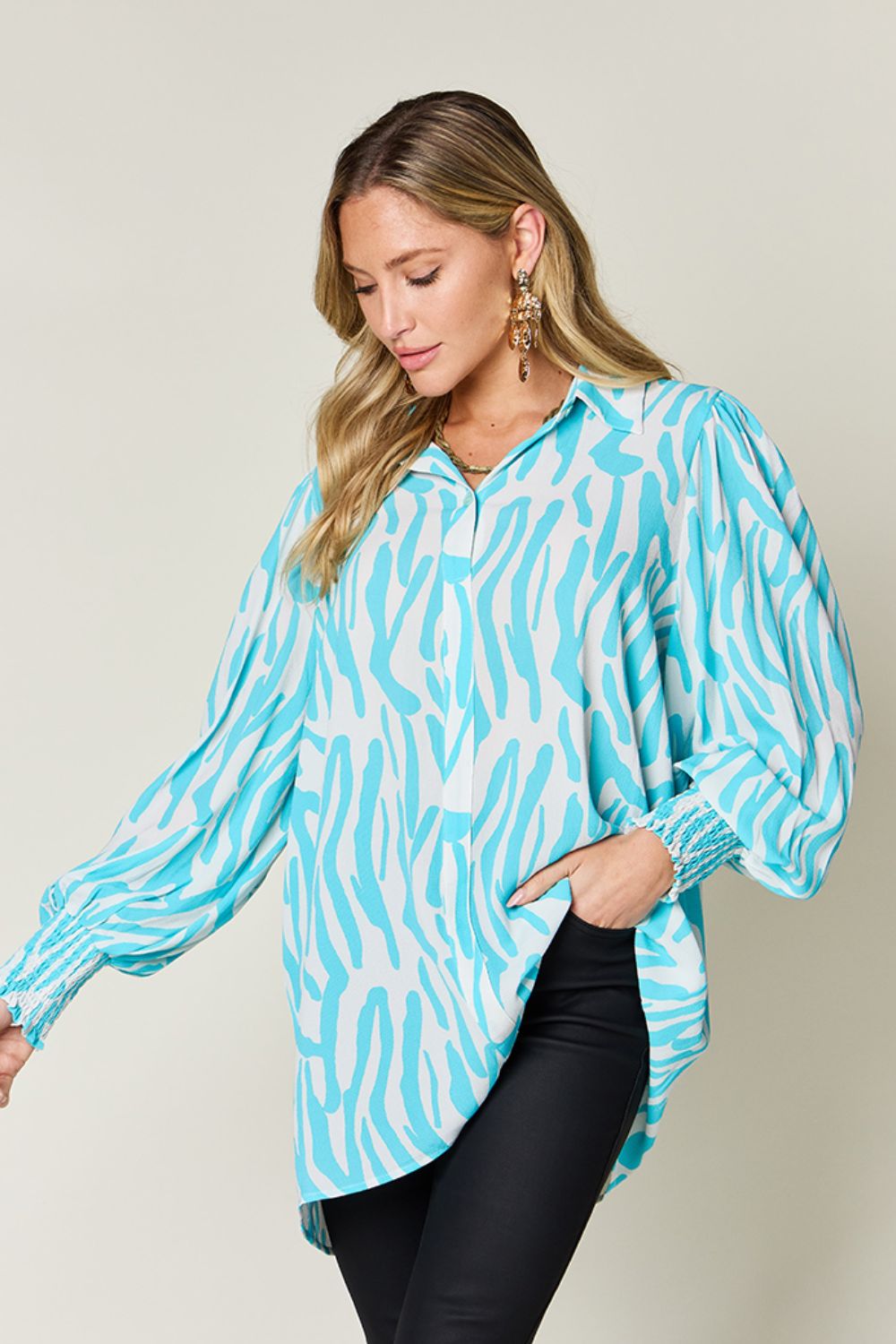 *Double Take* Printed Smocked Long Sleeve Blouse