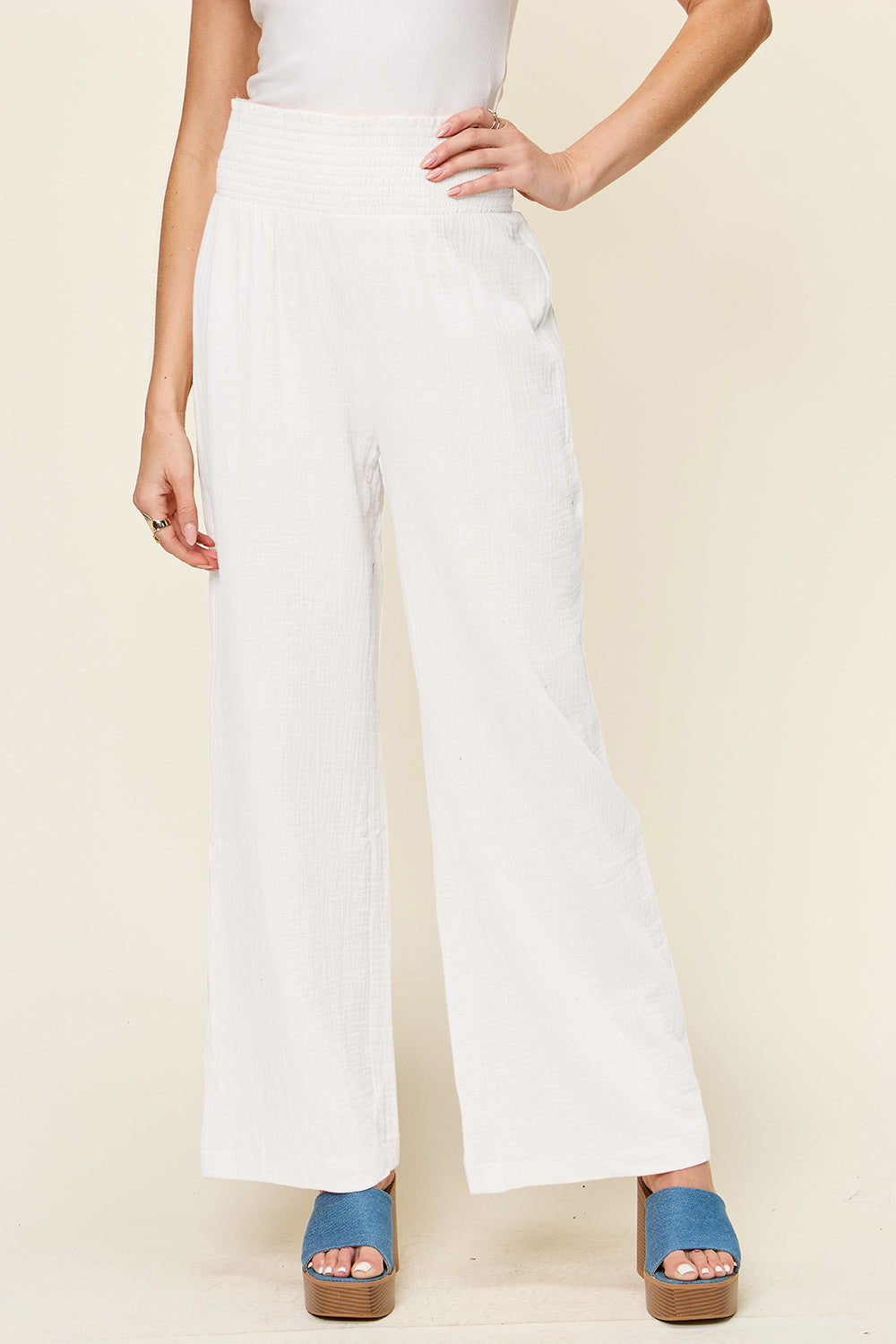 *Double Take* Texture Smocked Waist Wide Leg Pants